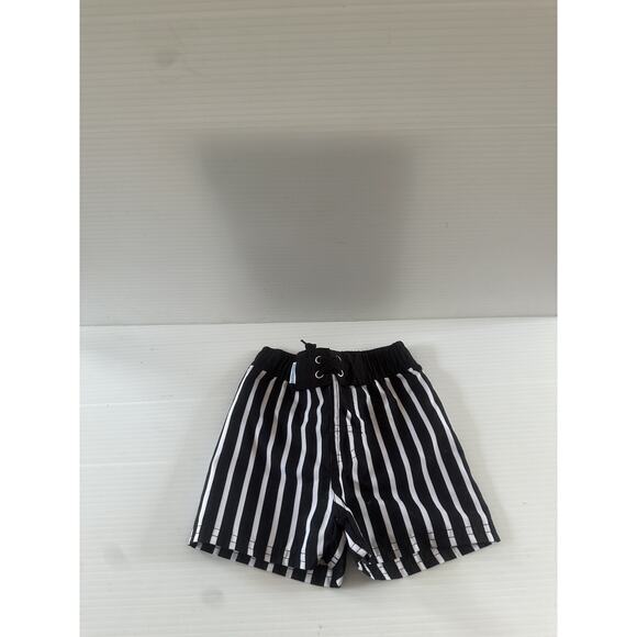 RUGGED BUTTS Ruffle~Black & Striped Swim Trunks Set~Size 3-6m - Picture 1 of 4